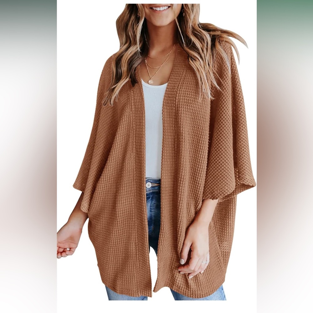 Lightweight Kimono Cardigan Loose Waffle Knit 3/4 Batwing Sleeve